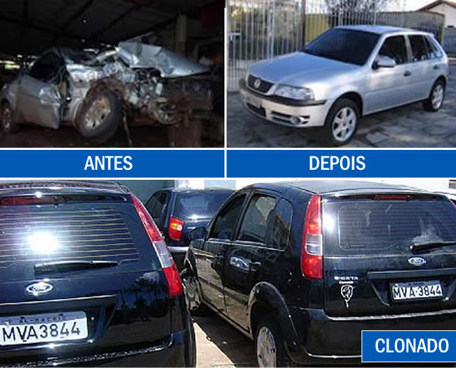Exemplos antes, depois e veículo clonado